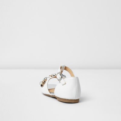 Mini Girls white T-bar embellished sandals